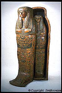 Egyptian mummy case with lid ajar